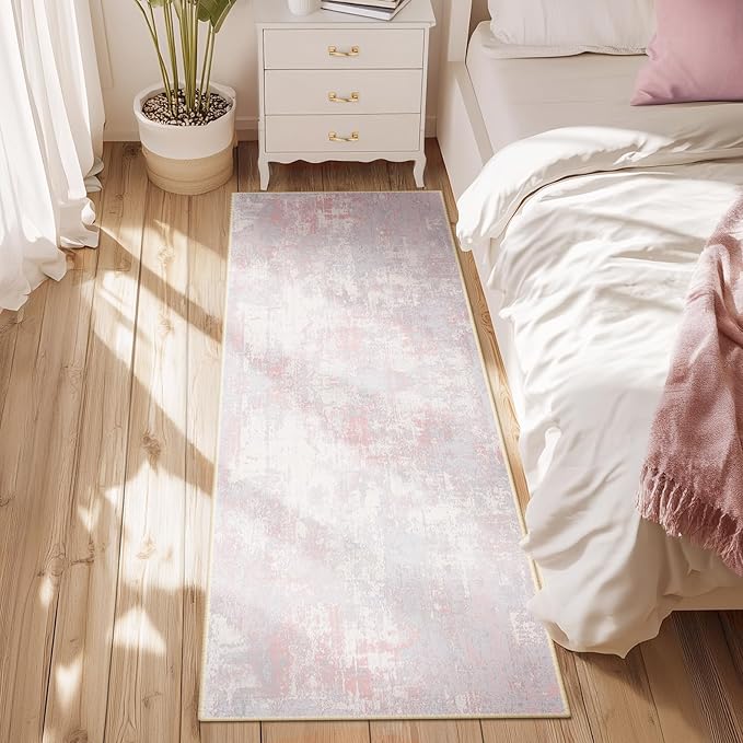RELEANY Washable Area Rugs 2'x10' Non-Slip Modern Abstract Soft for Living Room Entryway Bedroom Nursery, Print Pattern, Grey Pink