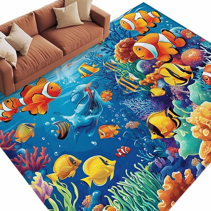 Ocean Marine 9'x12' Large Area Rugs, Life Fish Coral Seagrass Underwater Coastal Washable Area Rugs Non-Slip Indoor Floor Mats Large Carpet for Living Room Bedroom Dining Room