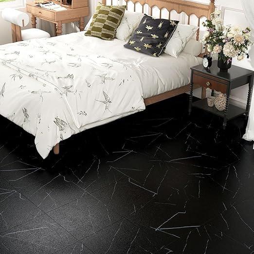 Wallercity Marble Black Peel and Stick Floor Tile 16PCS Self Adhesive Waterproof Stick on Floor Tiles Vinyl Flooring Stickers for Kitchen Bathroom Living Room 12''x12'' Matte Marble Black Tiles Sheets