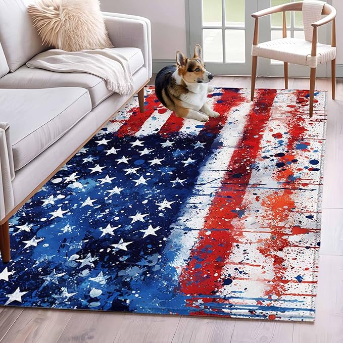 Mottled Red Blue White Stars Painted Flag 3'x5' Area Rugs, Washable Area Rugs Non-Slip Indoor Floor Mats Carpet for Living Room Bedroom Dining Room
