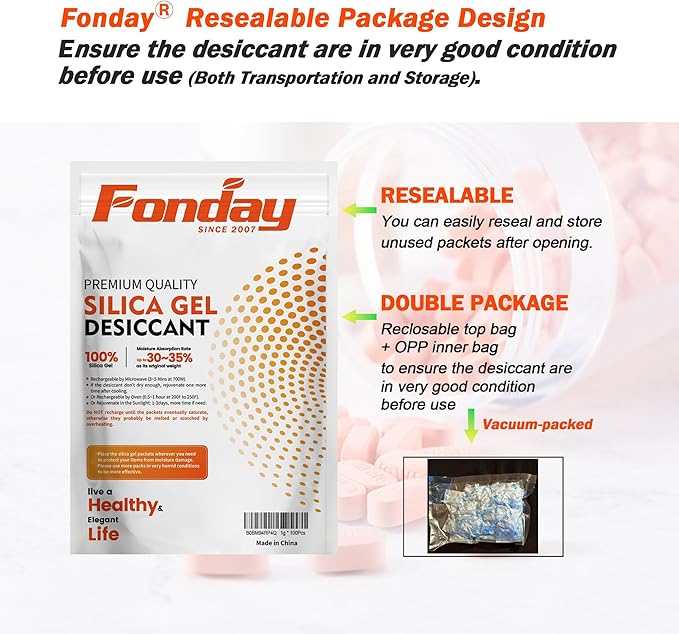 2g x 500 Packs Fonday Food Grade Silica Gel Desiccants Packs Moisture Absorbers Dehumidifier for Food Storage, Electronics, 3D Filament & Safes