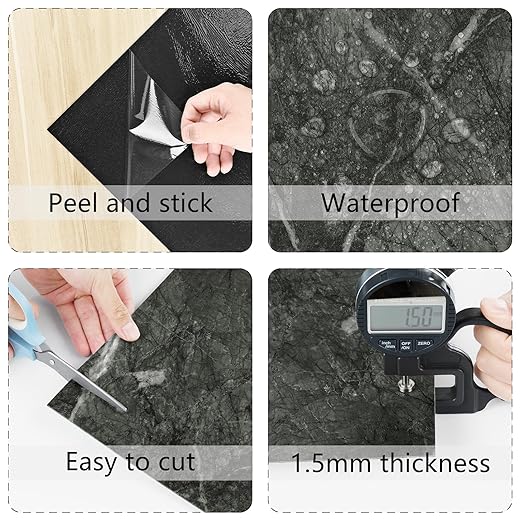 Wallercity 5PCS Black Marble Vinyl Flooring Peel and Stick Floor Tiles for Bathroom Stick on Tile Floor Stickers Self-Adhesive Waterproof Non-Slip Flooring Tile Sheets for Balcony Kitchen 12''x12''