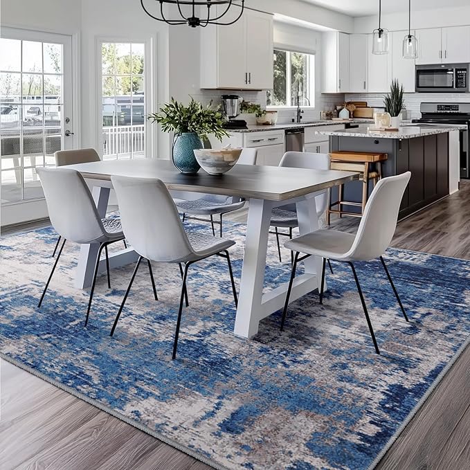 RELEANY Washable Area Rugs Square 10ft Non-Slip Modern Abstract Soft for Living Room Entryway Bedroom Nursery, Print Pattern, Blue Grey Navy Gray