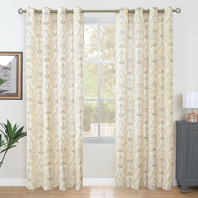 LAMIT French Country Yellow Linen Curtains for Living Room, 84 Inch Length Vintage Damask Floral Printed Curtains Grommet Light Filtering Rustic Cottage Drapes, 2 Panels, Each 52 x 84 Inch