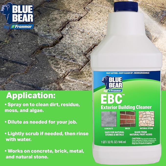 Blue Bear EBC Exterior Building Cleaner - Natural Fruit Acid Concentrate for Brick, Stone, Concrete & Metal-Removes Efflorescence, Lime Residue, Moss, Algae & Dirt - Low VOC, Biodegradable (1 Gallon)