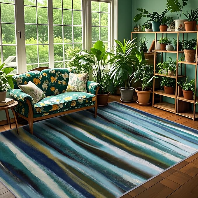 Abstract 3x5 Area Rug, Modern Stripe Teal Rugs for Entryway, Washable Soft Door Mat Non-Slip Floor Carpet for Dining Room Kitchen Bedroom - Teal/Multi