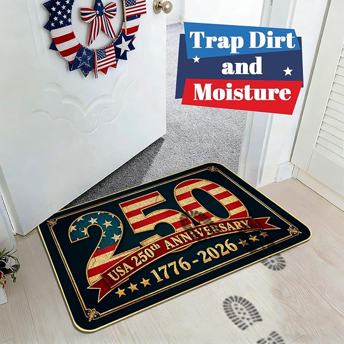 250th Door Mat, Patriotic Vintage USA Anniversary Outdoor Indoor Patio Entrance Door Mats Low Profile Non Slip Outside Inside Floor Mat Rugs for Home Decor, 29x17Inch