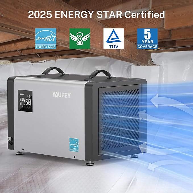 Yaufey 70 Pint Energy Star Commercial Dehumidifier for Crawl Space, Basement, Industrial, up to 5,000 Sq. Ft., 10%-98% RH Humidity Control, Auto Defrost, TUV Certified, 5-Year Coverage