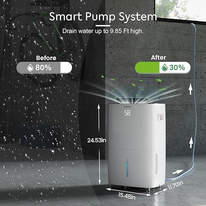 Waykar 150 Pint 7,500 Sq.Ft Dehumidifier with Pump for Basement & Home, Large Room, Smart Compressor Dehumidifier with Drain Hose & Tank for Commercial, 30–80% RH Control, 90° Auto Swing, Auto Defrost