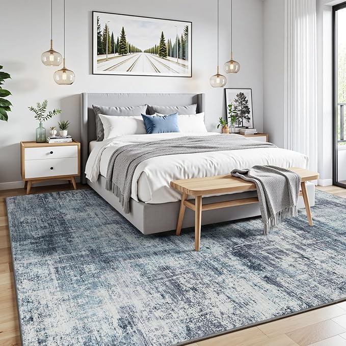 Lofus 6x9 Area Rug for Living Room, Blue Abstract Rugs with Non-Slip Backing, Neutral Modern Washable Carpet for Bedroom Dining Room Home Office Nursery Indoor
