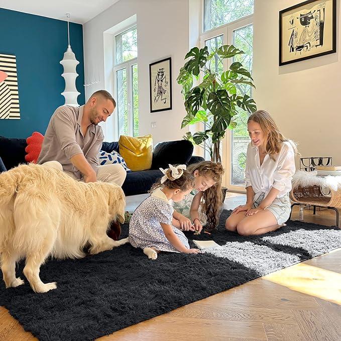 OLANLY 4x8 Area Rugs for Living Room Bedroom, Machine Washable Soft Fluffy Shaggy Bedside Rug, Indoor Floor Carpet for Kids Girls and Boys, Dorms, Nursery Rooms, Home Decor Aesthetic, Black