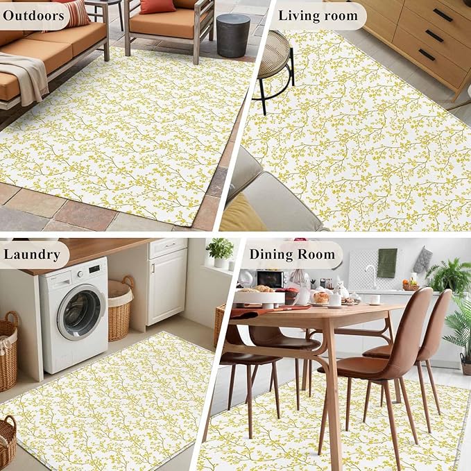 Flowers 3'x5' Area Rugs, Branches Washable Area Rugs Non-Slip Indoor Floor Mats Carpet for Living Room Bedroom Dining Room