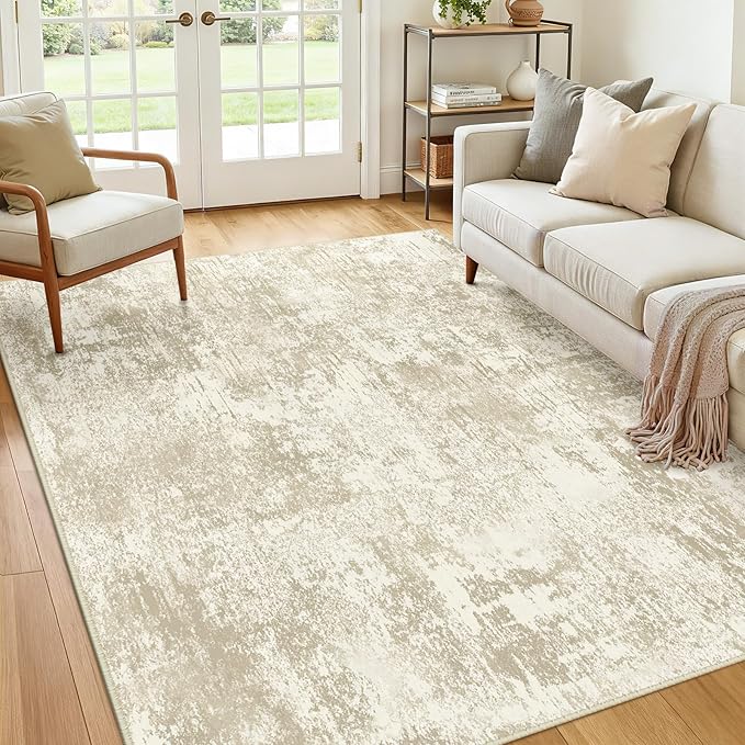 RELEANY Washable Area Rugs 6'x9' Non-Slip Modern Abstract Soft for Living Room Entryway Bedroom Nursery, Print Pattern, Beige Cream Brown