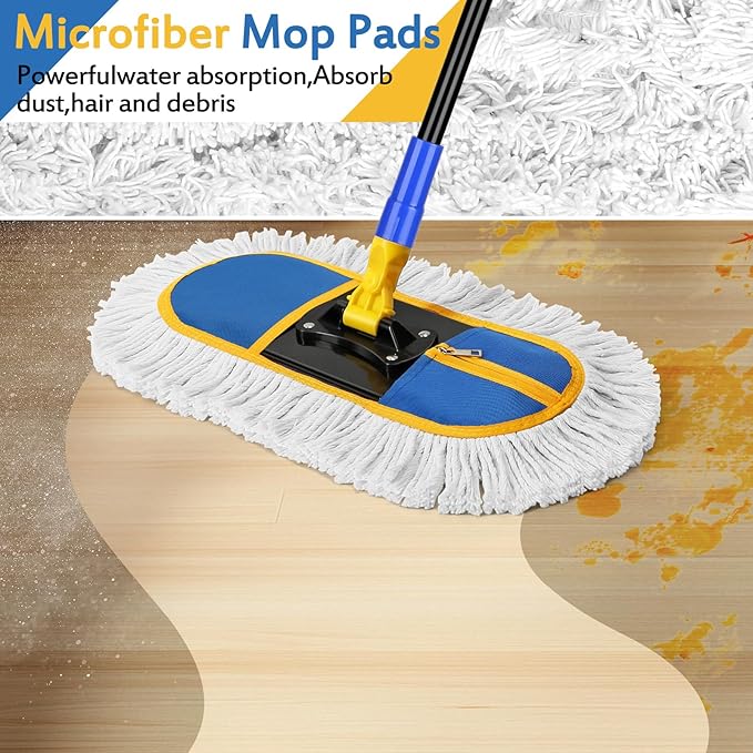 Commercial Dust Mop for Floor Cleaning - Industrial Wet Dry Broom with 2 Washable Mops Pads for Hardwood Vinyl Laminate Floors Warehouse Courtyard Cleaning,16 Inch,Blue