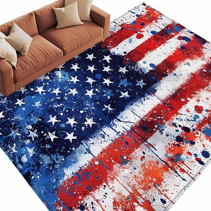 Mottled Red Blue White Stars Painted Flag 6'x9' Large Area Rugs, Washable Area Rugs Non-Slip Indoor Floor Mats Large Carpet for Living Room Bedroom Dining Room