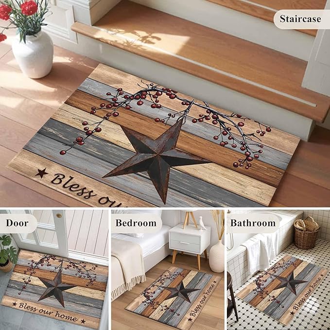 Country Stars Entryway Rug 2'x3', Vintage Rust Black Star Berry Brown Light Blue Wood Grain Small Area Rug Non-Slip Front Door Mat Washable Floor Carpet for Indoor Entrance Kitchen Bathroom