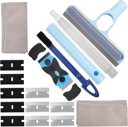 Multi-Functional Glass Scraper & Sprayer 3-in-1 Window Cleaning Tools Kit, Home Window Squeegee, Mirror and Bathroom Cleaning Brush, Gray Super Fiber Cloth