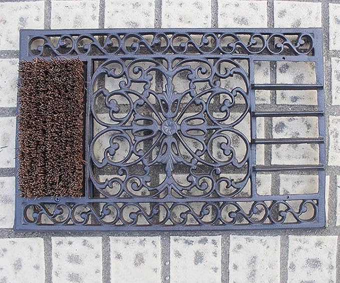 Heavy Duty Cast Iron Door Mat with Shoe Scraper Brush, 22.8"×14.5", Floral Pattern Non-Slip Entryway Rug for Outdoor Shoe Cleaning