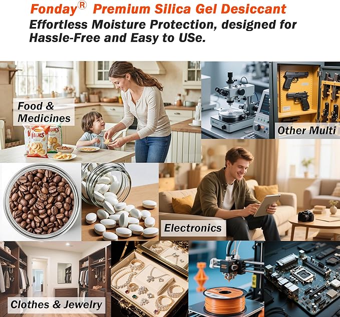 20g x 100 Packs Fonday Rechargeable Silica Gel Desiccant Packets Fast Reactivate Desiccant Bags Moisture Indicating Orange to Green for Food Storage, Electronics, 3D Filament & Safes