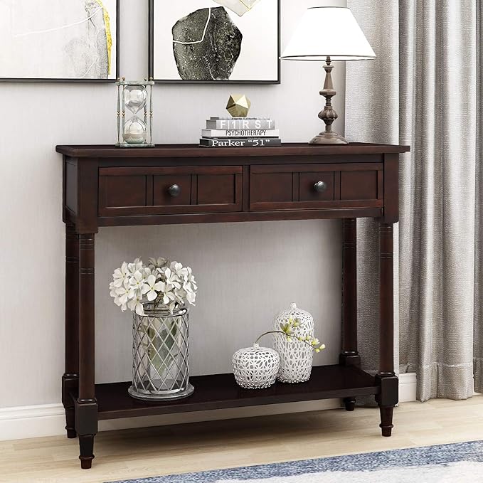 Knocbel 35.5 Inch Antique Entry Console Table with Drawers & Bottom Open Shelf, Solid Wood Sofa Couch Table for Entryway Hallway Living Room (Espresso)