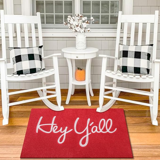 Hey Y'all Outdoor & Indoor Heavy-Duty Doormat - Red, 36" x 24" Low-Profile Entrance Mat