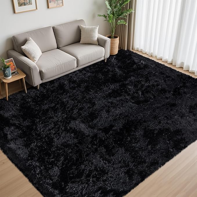 5x7 Area Rug for Living Room:Ultra Soft Fluffy Shag Black Rugs,Large Fuzzy Plush Indoor Non Slip Carpet Washable Rug for Bedroom Kids Nursery Office Dorm Modern Decor(Black 5'x7')
