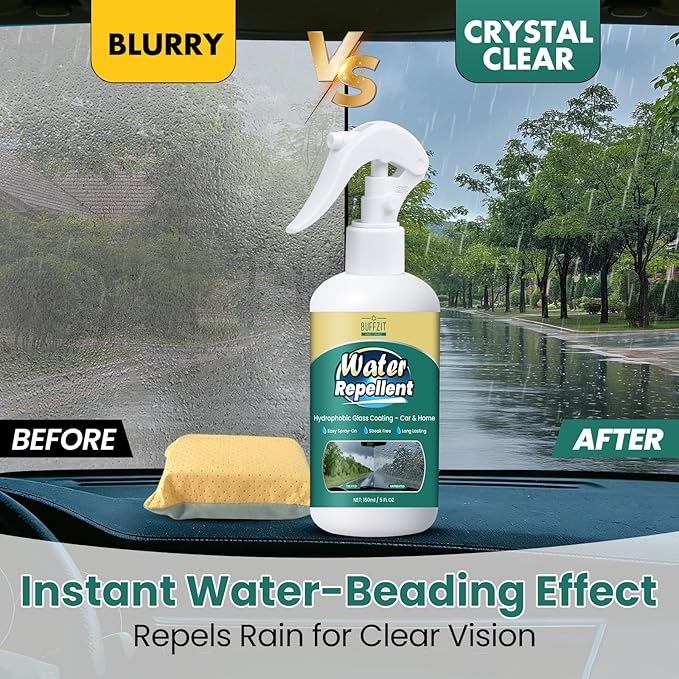 Glass Water Repellent Spray - Hydrophobic Rain Repellent for Car Windshield, Shower Doors, Windows & Mirrors - Long-Lasting Waterproof Treatment, Streak-Free Vision, Prevents Water Spots, 5 oz / 150ml
