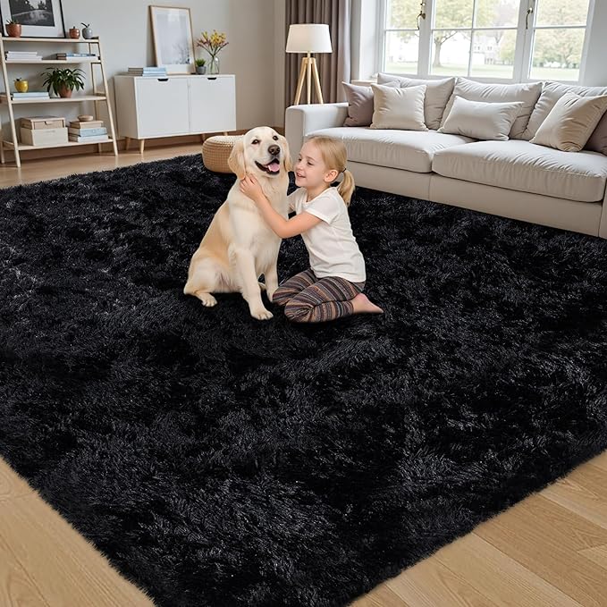 6x9 Area Rug for Living Room:Ultra Soft Fluffy Shag Black Rugs,Large Fuzzy Plush Indoor Non Slip Carpet Washable Rug for Bedroom Kids Nursery Office Dorm Modern Decor(Black 6'x9')