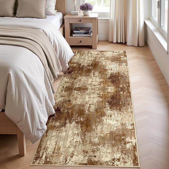 RELEANY Washable Area Rugs 2'x6' Non-Slip Modern Abstract Soft for Living Room Entryway Bedroom Nursery, Print Pattern, Brown Tan Beige Coffee