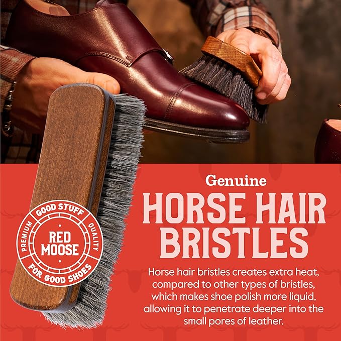 Horsehair Shoe Brush - Shoe Polish Brush for Leather, Boots, Shine - Red Moose
