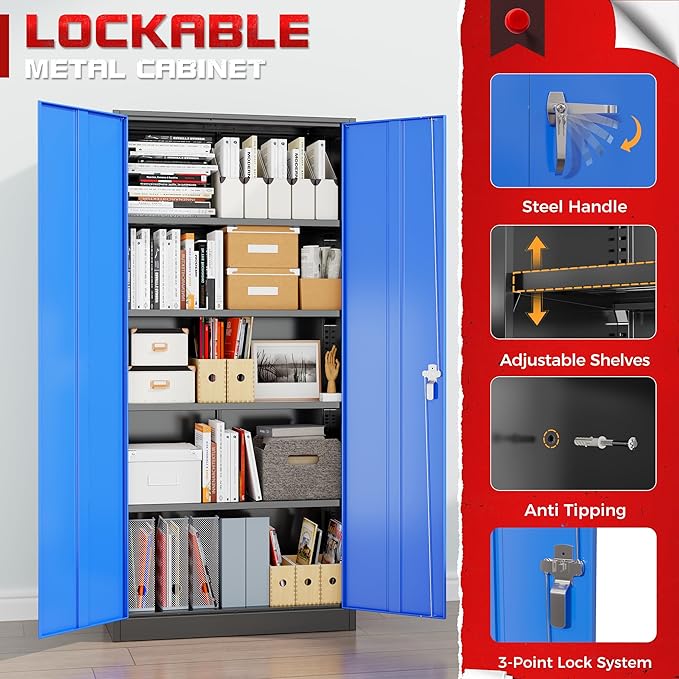 Bonusall 72" Metal Garage Storage Cabinet， Heavy-Duty Steel Cabinet with 2 Locking Doors & 4 Adjustable Shelves for Home, Office