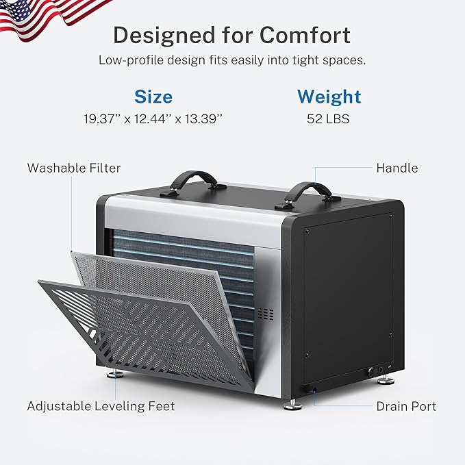 Yaufey 125 Pints Commercial Dehumidifier with Pump for Crawl Space, Basement, Industrial Area, 6500 Sq.Ft., 10-98% RH Humidity Control, 7/24 Running Continuous Drainage, TUV Certified, 5-Yr Coverage