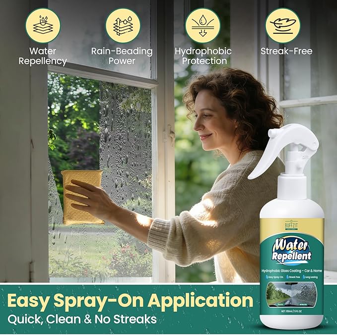 Glass Water Repellent Spray - Hydrophobic Rain Repellent for Car Windshield, Shower Doors, Windows & Mirrors - Long-Lasting Waterproof Treatment, Streak-Free Vision, Prevents Water Spots, 5 oz / 150ml