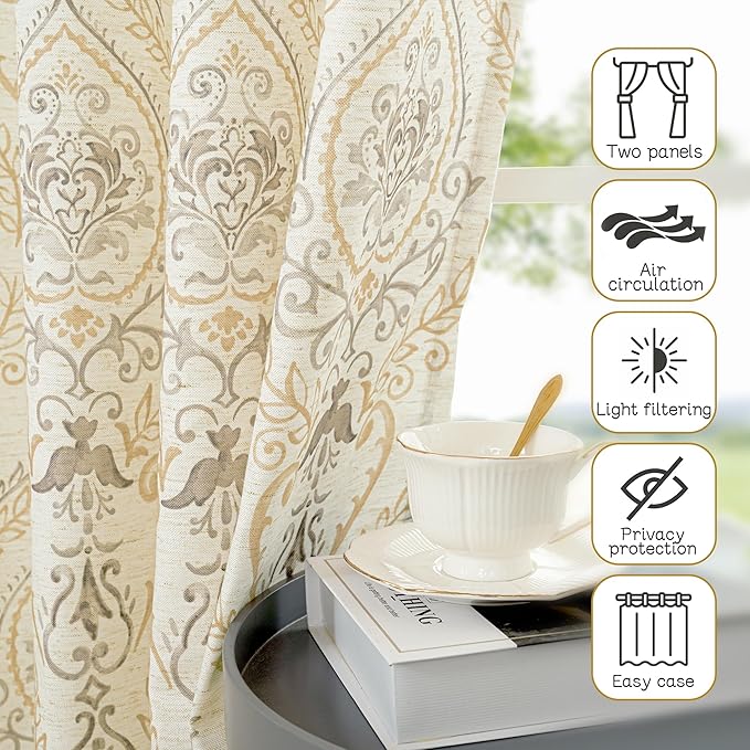 LAMIT 78 inches Long Linen Curtains for Living Room, Printed Linen Curtains Grommet Light Filtering Vintage Damask Flower Pattern Window Drapes for Bedroom, 2 Panels Each 52 x 78 Inch, Yellow