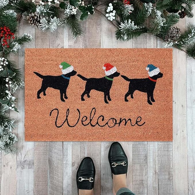 Welcome Dogs Christmas Door Mat, Xmas Rug Christmas Decorations, Non-Slip Dogs Welcome Doormat for Front Door, Indoor Outdoor Holiday Rug for Home Kitchen Floor Christmas Decor 16 X 24 Inch