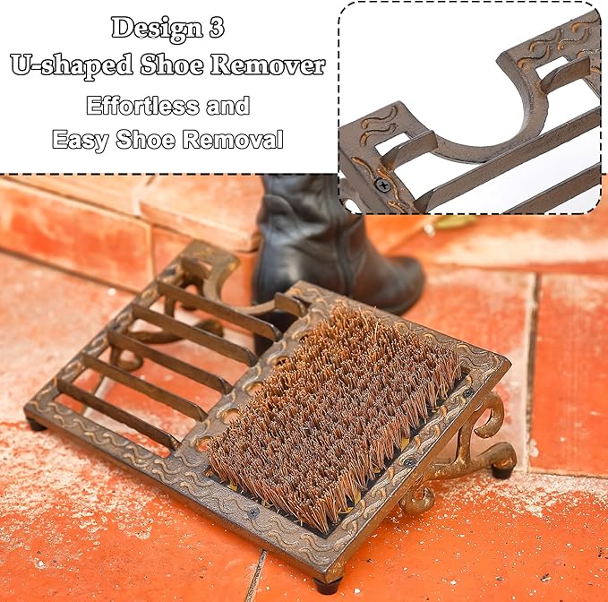 Cast Iron Boot Brush Scraper Outdoor, Heavy Duty Boot Scrubber Brush with Angled Design, Outdoor Shoe Scrapers with Brushes, All Weather Boot Scraper for Home Porch Entryway Garden (Brown)