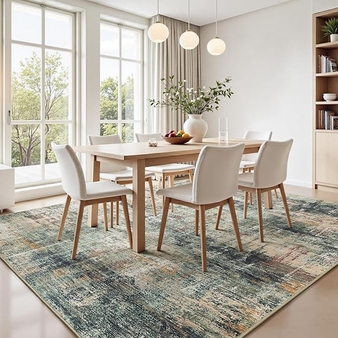 Lofus 5x7 Area Rug for Living Room, Coffee Green Abstract Rugs with Non-Slip Backing, Neutral Modern Washable Carpet for Bedroom Dining Room Home Office Nursery Indoor