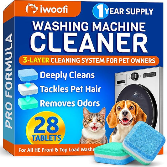 Washing Machine Cleaner Tablets for Pet Owners Pro – Front & Top Load HE Washers – Removes Pet Hair Buildup Eliminates Odors & Residue – 28 Tablets 1-Year Supply – Septic Safe Deep Clean