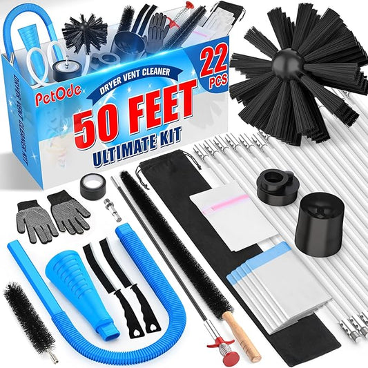 Petode 22-piece 50-Feet Dryer Vent Cleaner Kit, Dryer Vent Cleaning Kit Lint Remover with Dryer Vent Brush, Vacuum Hose Attachment Cleaning Tools, Flexible Lint Trap Brush, Vacuum & Dryer Adapters