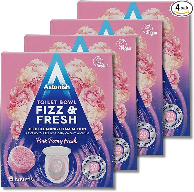 4 Pack Of Astonish Toilet Bowl Fizz & fresh Deep Cleaning Foam Action (Pink Peony Fresh) 32 Tablets In Total