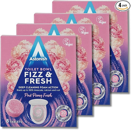 4 Pack Of Astonish Toilet Bowl Fizz & fresh Deep Cleaning Foam Action (Pink Peony Fresh) 32 Tablets In Total