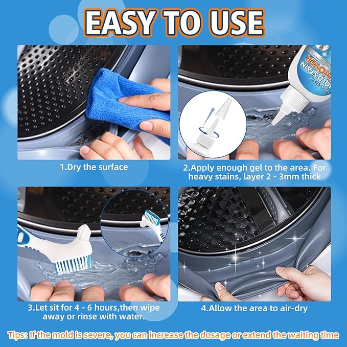 Home Mold Stain Remover Gel for Washer Seal, Thick No Scrub Mold Cleaner for Front Load Washing Machine, Bathroom Tile Grout & Silicone, Deep Cleaning & Odor Removal-Household Stain Cleaner