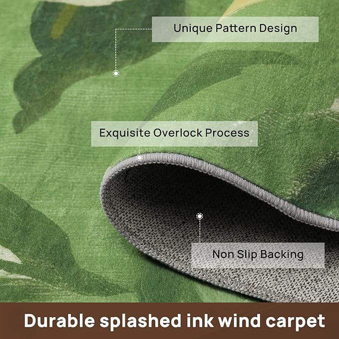 8x10 Camellia Floral Rugs, Modern Washable Flower Pattern Area Rug for Bedroom, Soft Large Non-Slip Kitchen Carpet Floor Door Mat for Living Room Dining Room Office - Green