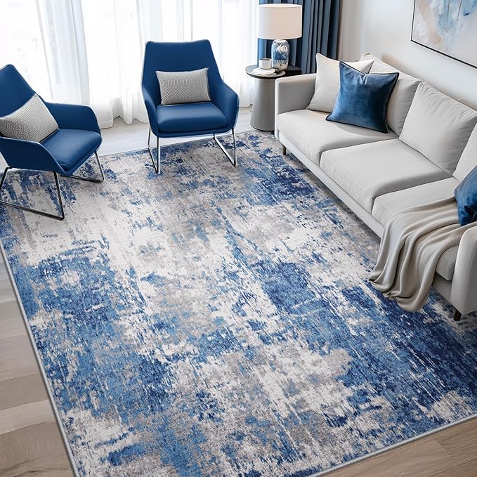 RELEANY Washable Area Rugs 7'x9' Non-Slip Modern Abstract Soft for Living Room Entryway Bedroom Nursery, Print Pattern, Blue Grey Navy Gray