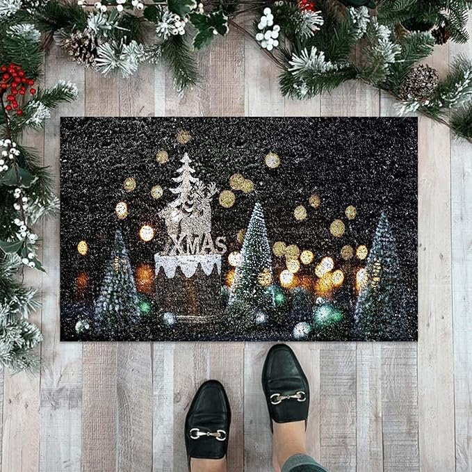 Xmas Tree Reindeer Christmas Door Mat, Xmas Rug Christmas Decorations, Non-Slip Reindeer Welcome Doormat for Front Door, Indoor Outdoor Holiday Rug for Home Kitchen Floor Christmas Decor 16 X 24 Inch