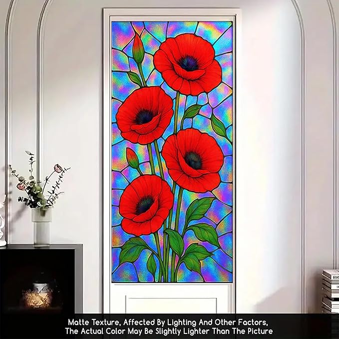 Red Poppy Window Film Iridescent Stained Glass Privacy Panel Static Cling No Glue Decorative Cover for Kitchen Studio Door Partition 17.7x39.3 inch