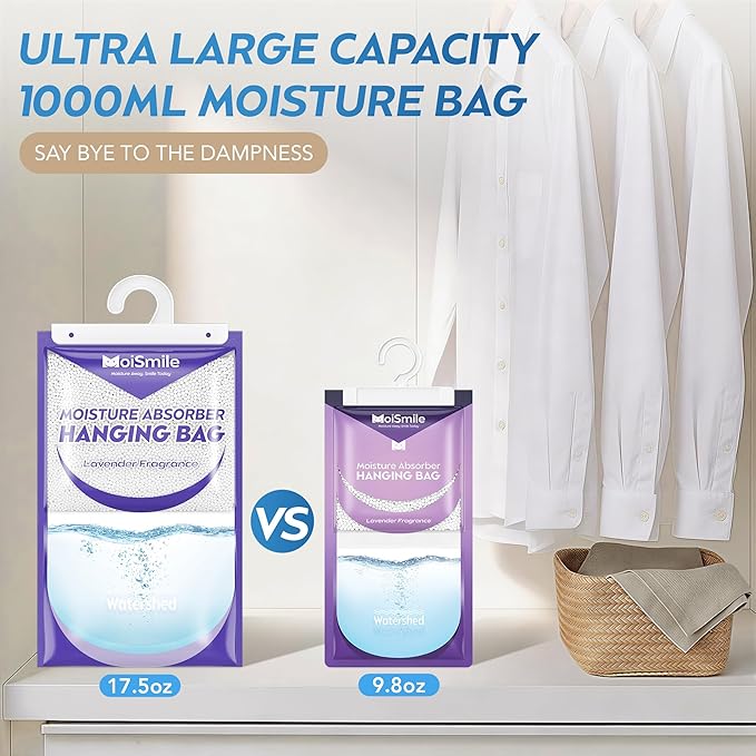 Hanging Moisture Absorbers 6 Pack Net Wt. 17.5oz/Pack, Lavender Fragrance Closet Dehumidifier Bags, Odor Eliminator & Humidity Absorber, Humidity Packs for Bathroom, Bedroom, Basement, Car, RV & Boat