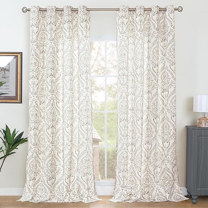 LAMIT Linen Curtains 90 inch Length for Living Room, Linen Printed Curtains Grommet Light Filtering Vintage Damask Flower Pattern Window Drapes for Bedroom, 2 Panels Each 52 x 90 Inch, Taupe