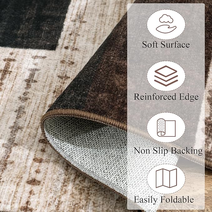 Modern Geometric Patchwork Indoor Area Rug for Living Room, Chocolate 4'x 6' Large Rug Rockwood Collection Hardwood Floors Decor for Bedroom, Brown Throw Carpet for Office Entryway Dining Room
