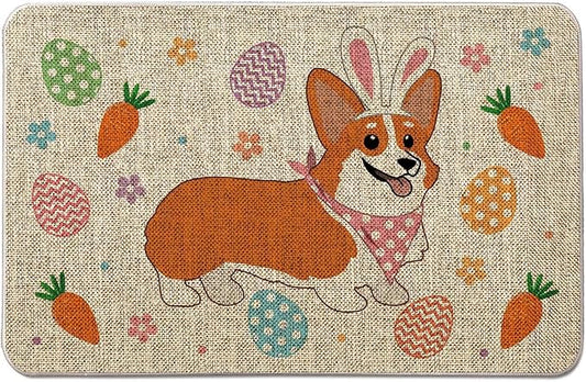 Easter Door Mat Outdoor Corgi Welcome Doormats Easter Dog Decorative Entrance Rug Farmhouse Home Kitchen Floor Front Door Soft Low Profile 20x32 Inch